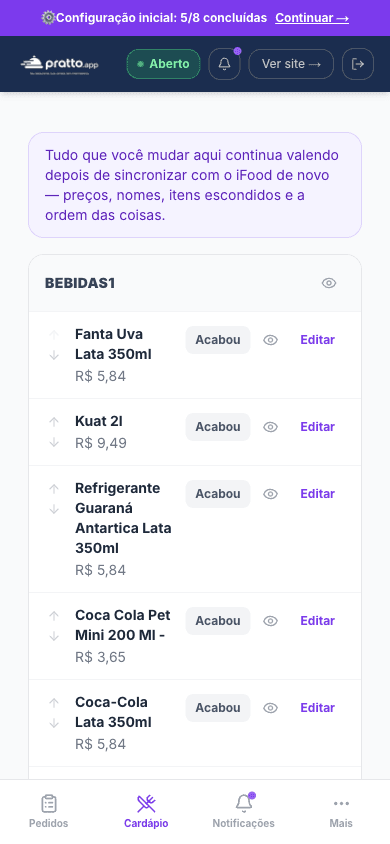 Editor de cardápio do Pratto, com os botões de esgotar, esconder e editar cada prato