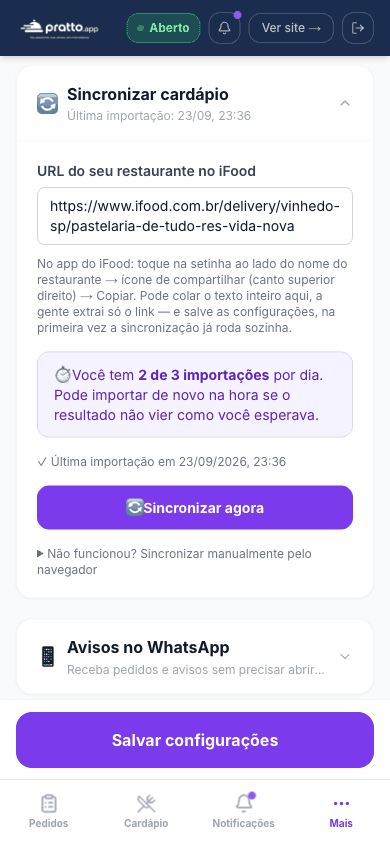 Campo do painel do Pratto onde se cola o link do restaurante no iFood