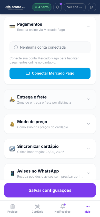 Tela do painel do Pratto com o botão de conectar a conta do Mercado Pago