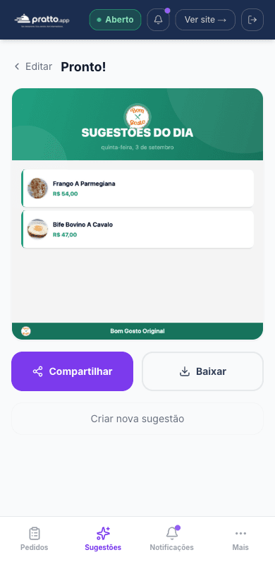 Arte de divulgação gerada pelo Pratto com os pratos do dia, preço e a marca do restaurante